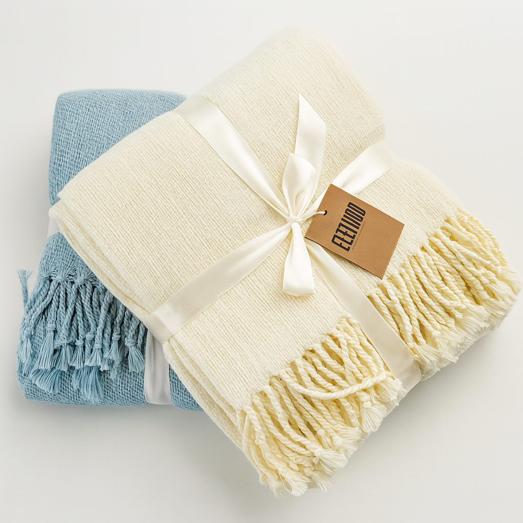 Ivory Classic Woven Fringed Throw Blanket