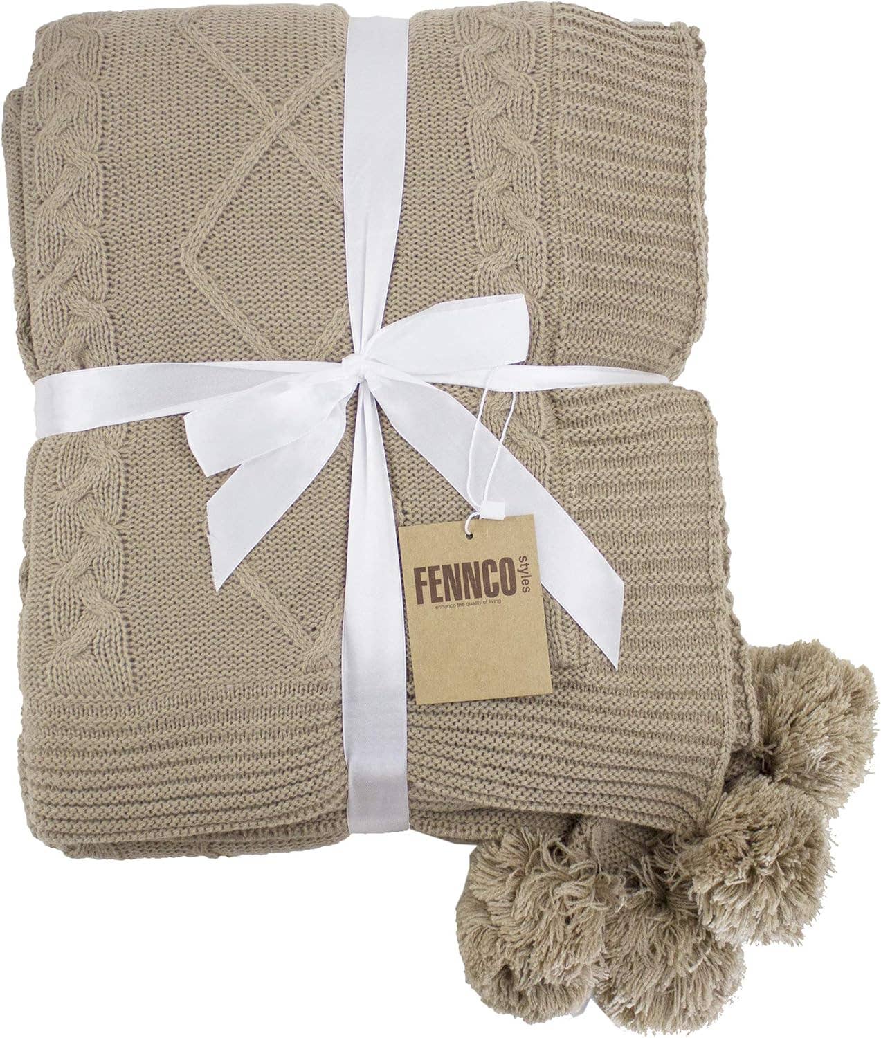 Taupe Luxe Faux Fur Cable Knit Pom Pom Throw Blanket