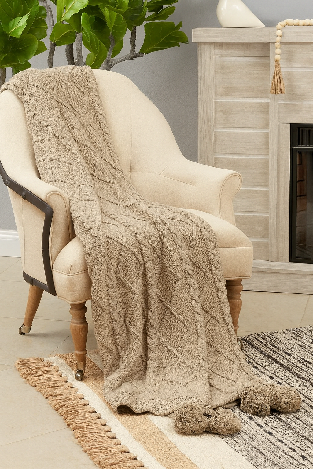 Taupe Luxe Faux Fur Cable Knit Pom Pom Throw Blanket