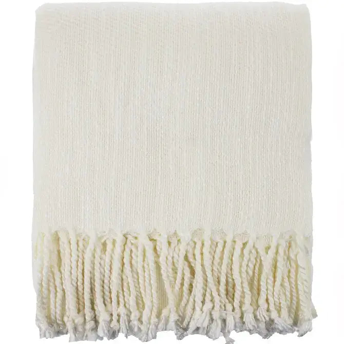 Ivory Classic Woven Fringed Throw Blanket