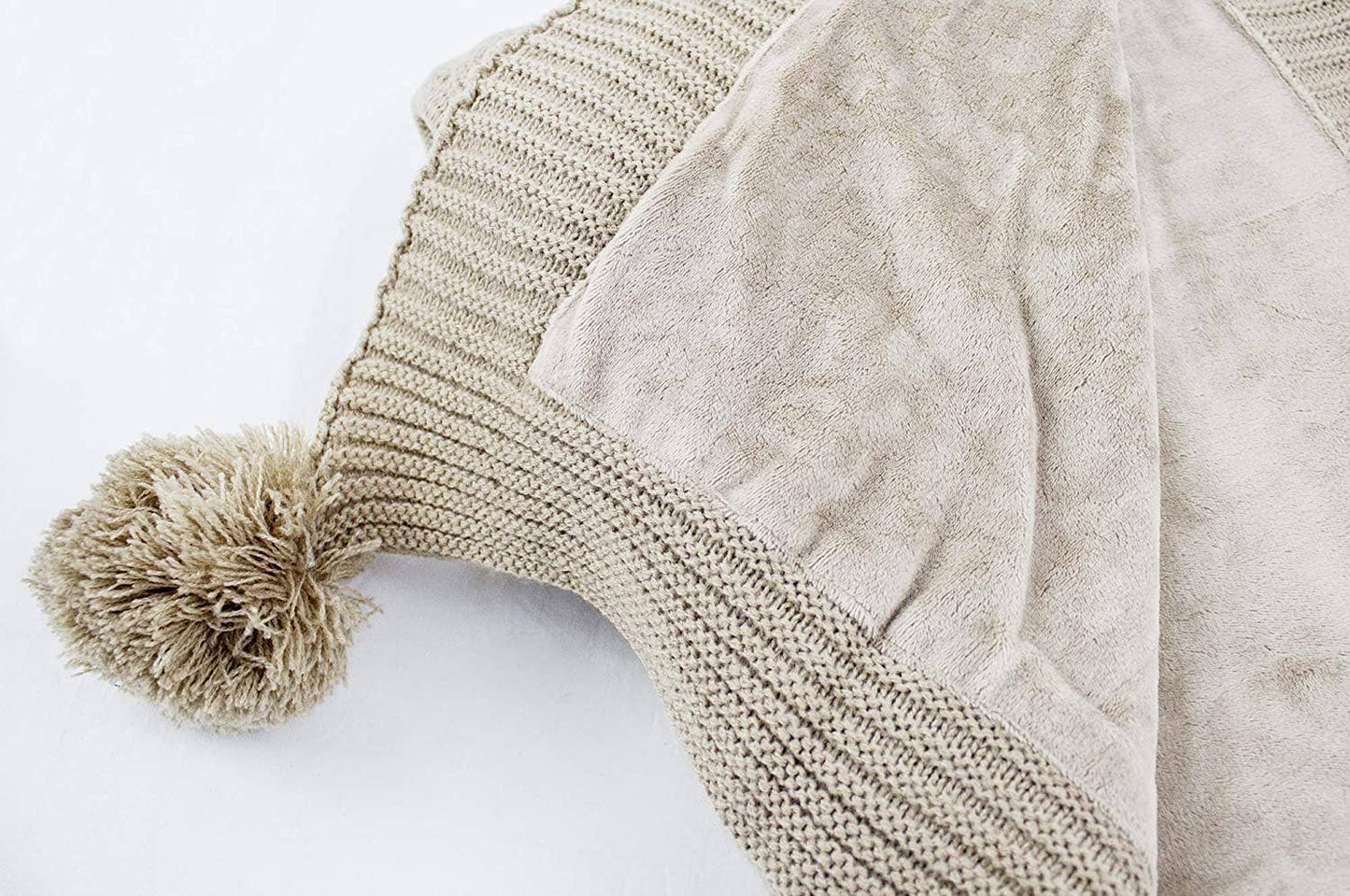 Taupe Luxe Faux Fur Cable Knit Pom Pom Throw Blanket