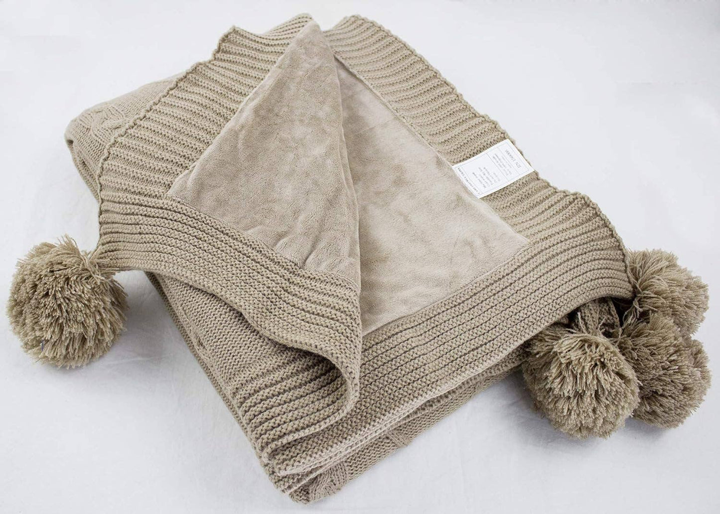 Taupe Luxe Faux Fur Cable Knit Pom Pom Throw Blanket