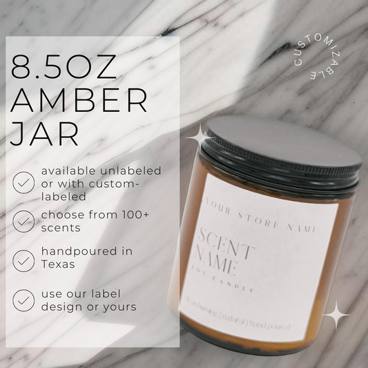 8.5oz Unlabeled Amber Jar Soy Candle for Private Label: Black / Patchouli + Mandarin