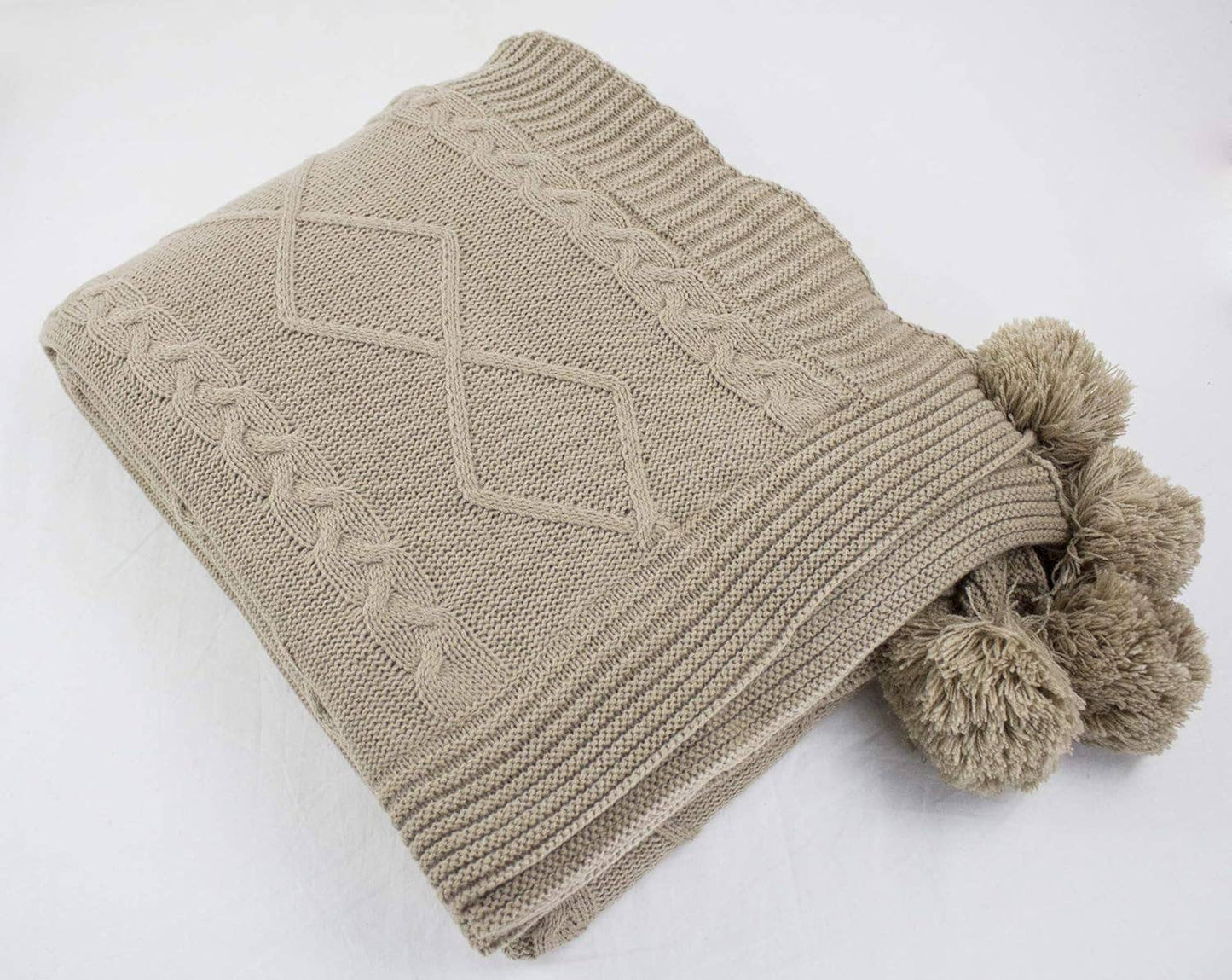 Taupe Luxe Faux Fur Cable Knit Pom Pom Throw Blanket