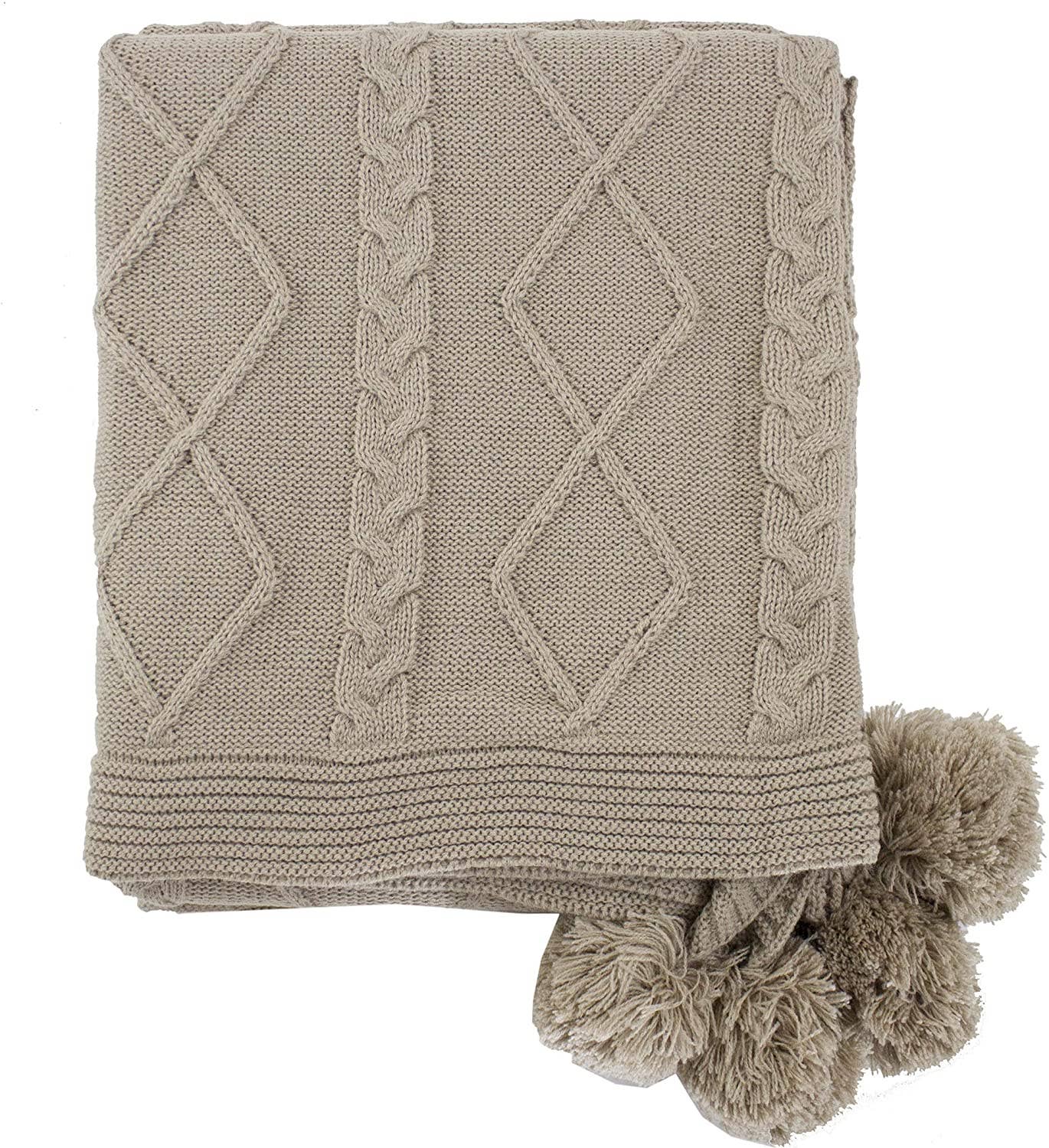 Taupe Luxe Faux Fur Cable Knit Pom Pom Throw Blanket